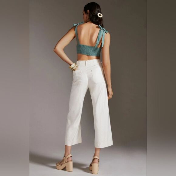 Maeve Colette Crop Linen Pants, Wide Leg, White Size 32 - Picture 2 of 6